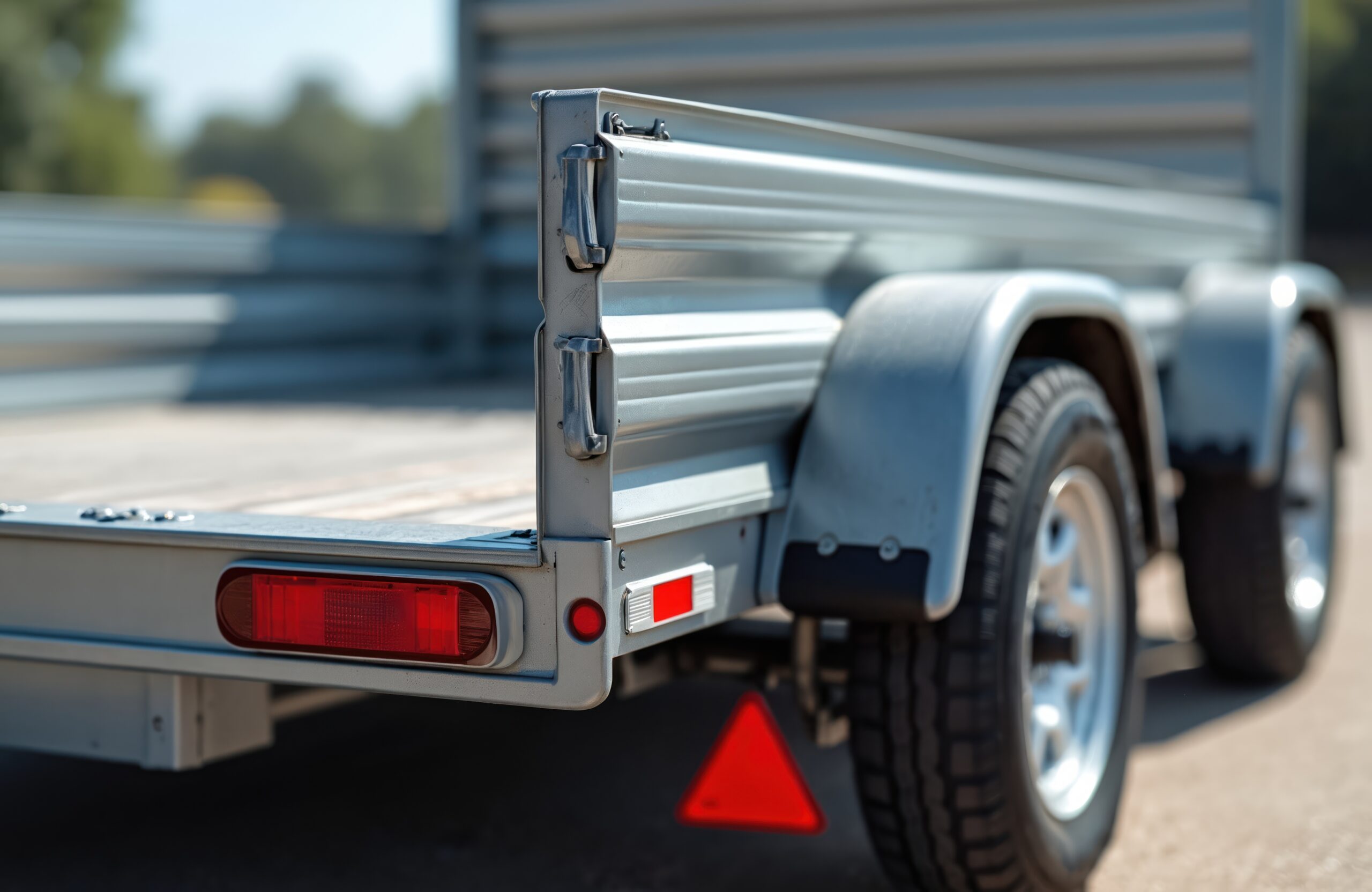 Open car trailer for transportation. Open trailer with wheels on the road. Metal platform for car transport on sunny day. Transportation services trailer business. Cargo, vehicle. Open car trailer for transportation. Open trailer with wheels on the road. Metal platform for car transport on sunny day.