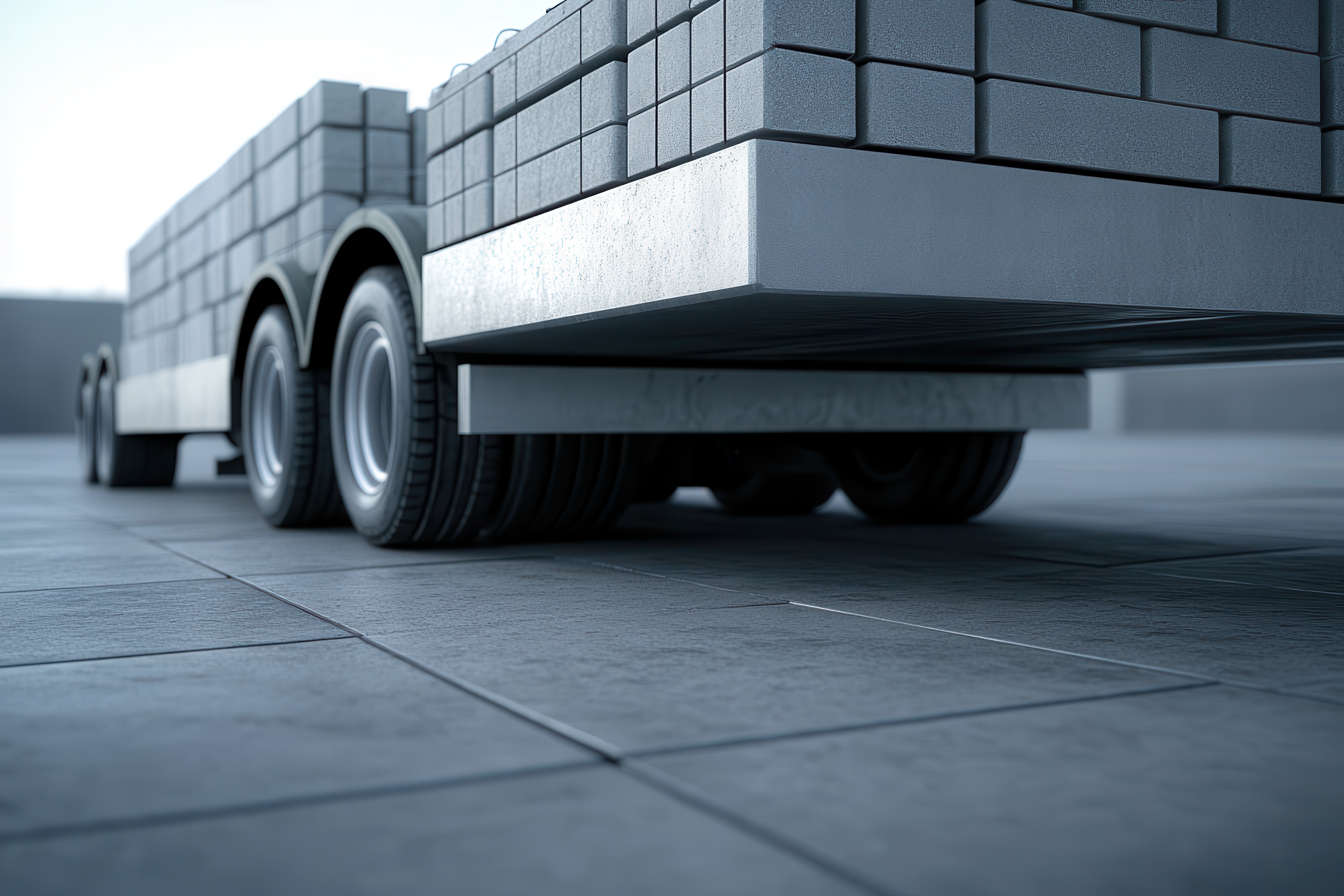 Flatbed Trailer with Construction Materials in Group Setting Flatbed Trailer with Construction Materials in Group Setting.